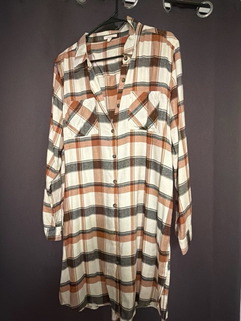 Maurices Plaid Button-Down Tunic in Cream, Brown & Black